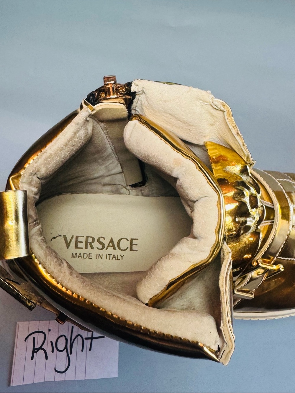 Versace Metallic Gold High-Top Sneakers with Medusa Plaques - Picture 16 of 16